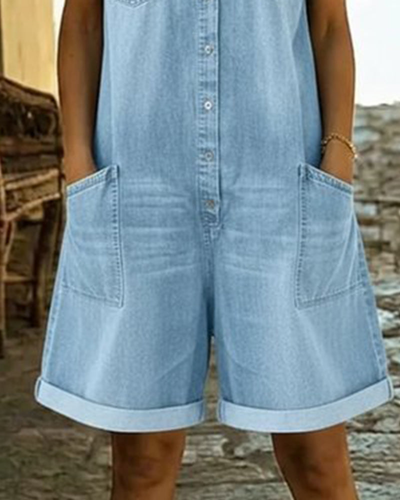 Calvessia | Rolled Sleeve Denim Utility Romper