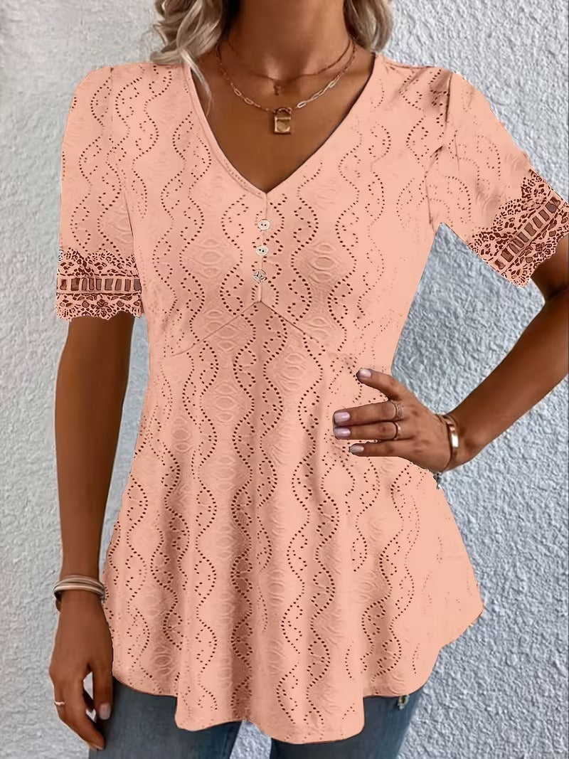 Corvalina | Eyelet Lace Trim Casual Blouse