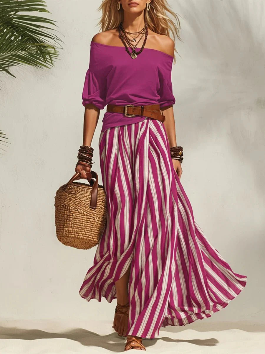 Wisterra | Belted Stripe Flow Maxi Dress