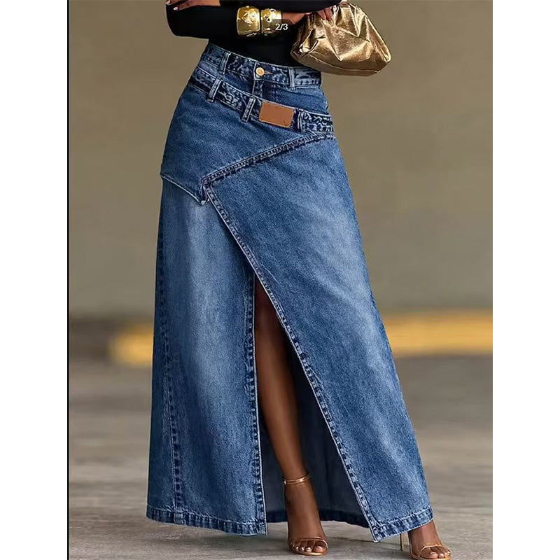 Calienne | Chic Front Slit Denim Maxi Skirt