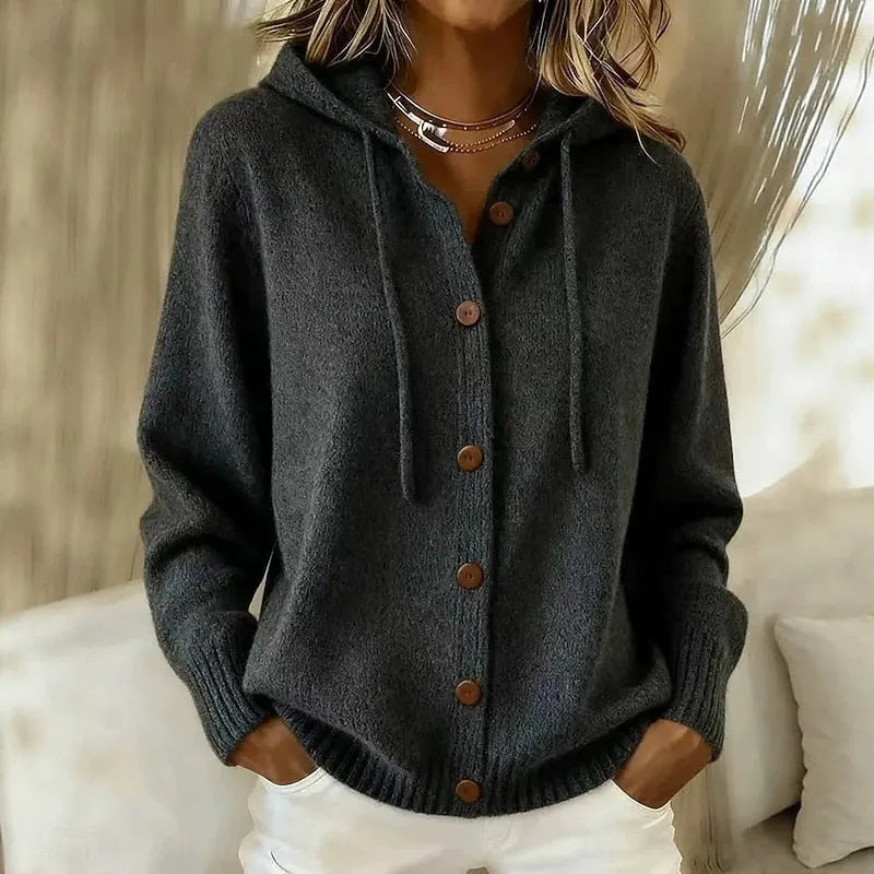 Caverine | Warm Button Knit Hooded Cardigan