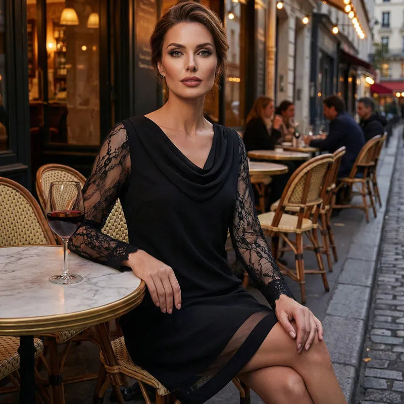Coravelle | Cowl Neck Lace Mini Dress