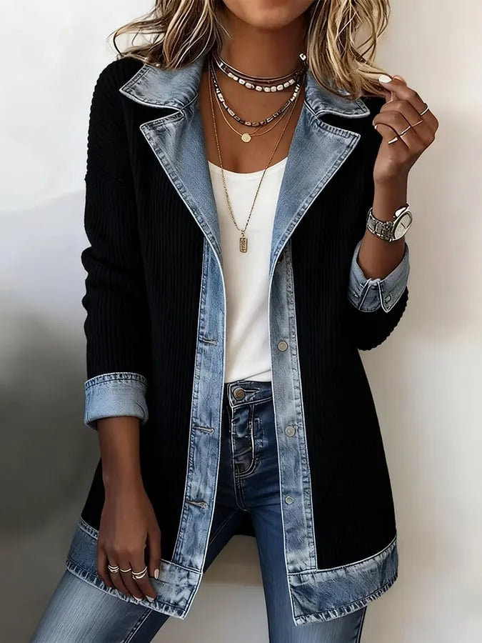 Solmira | Denim Detail Long Knit Cardigan