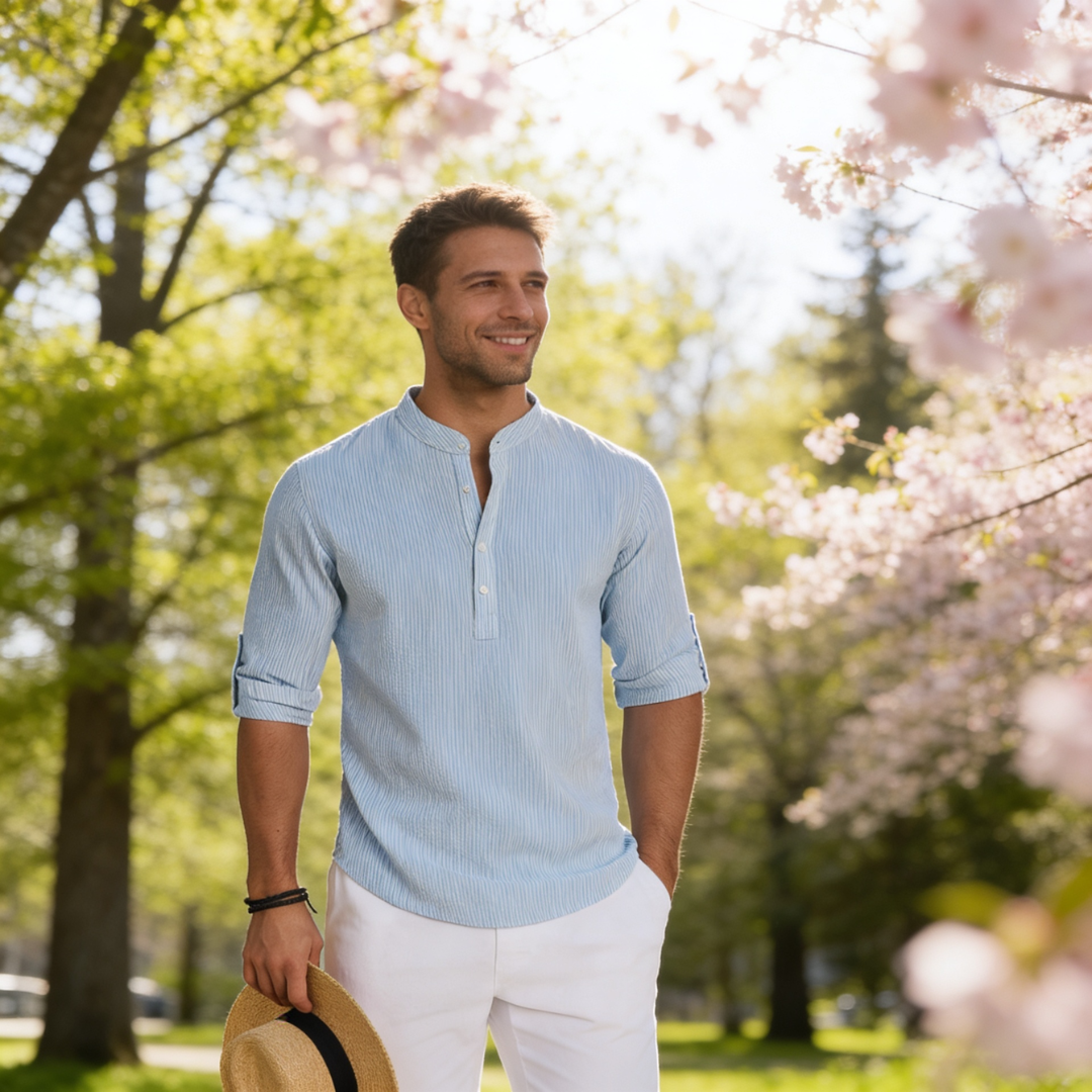Ethan | Striped Mandarin Collar Casual Shirt