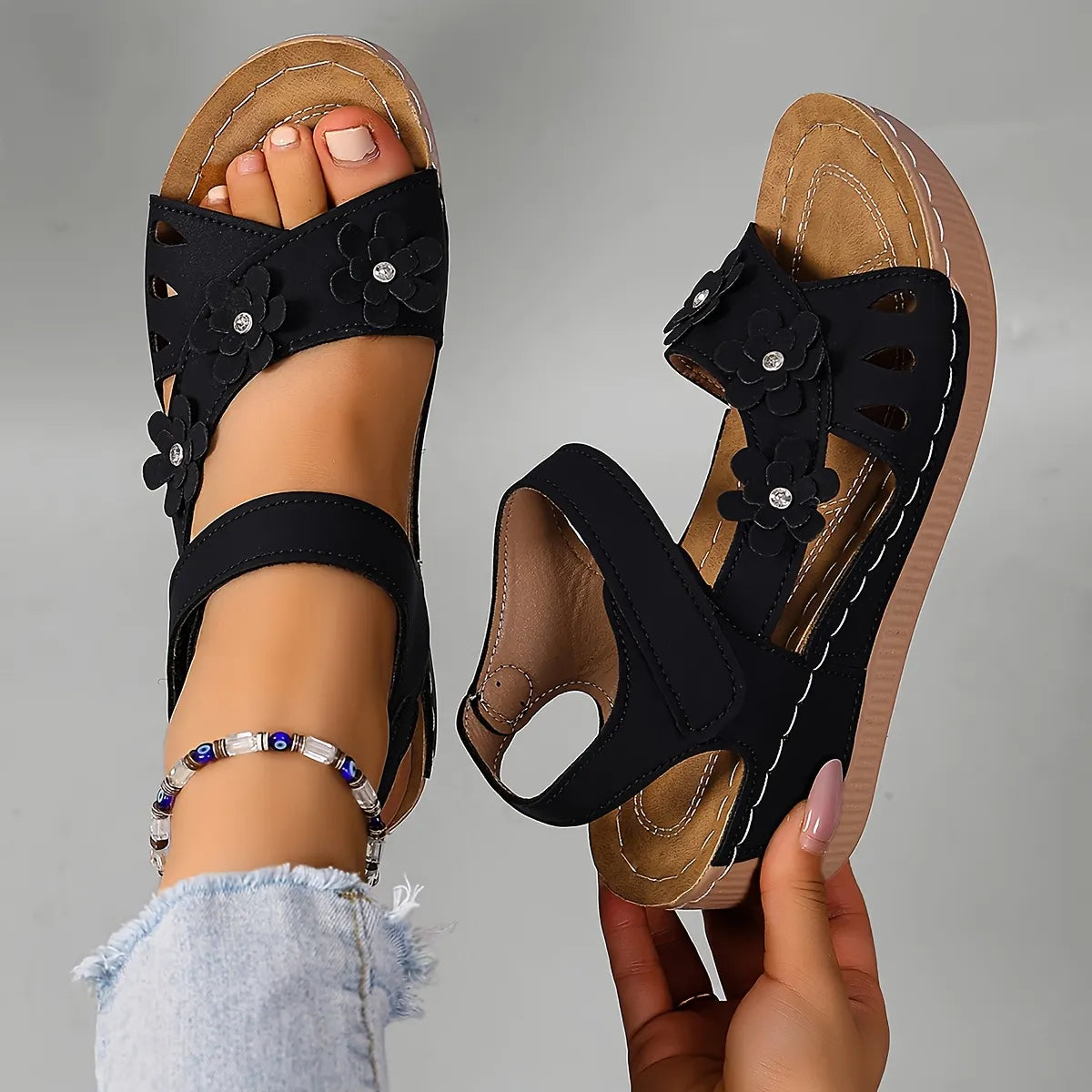 Sorienne | Adjustable Floral Wedge Sandals