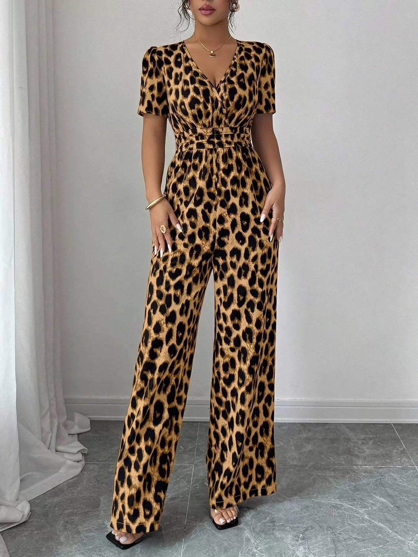 Odelara | Cinched Waist Leopard Jumpsuit