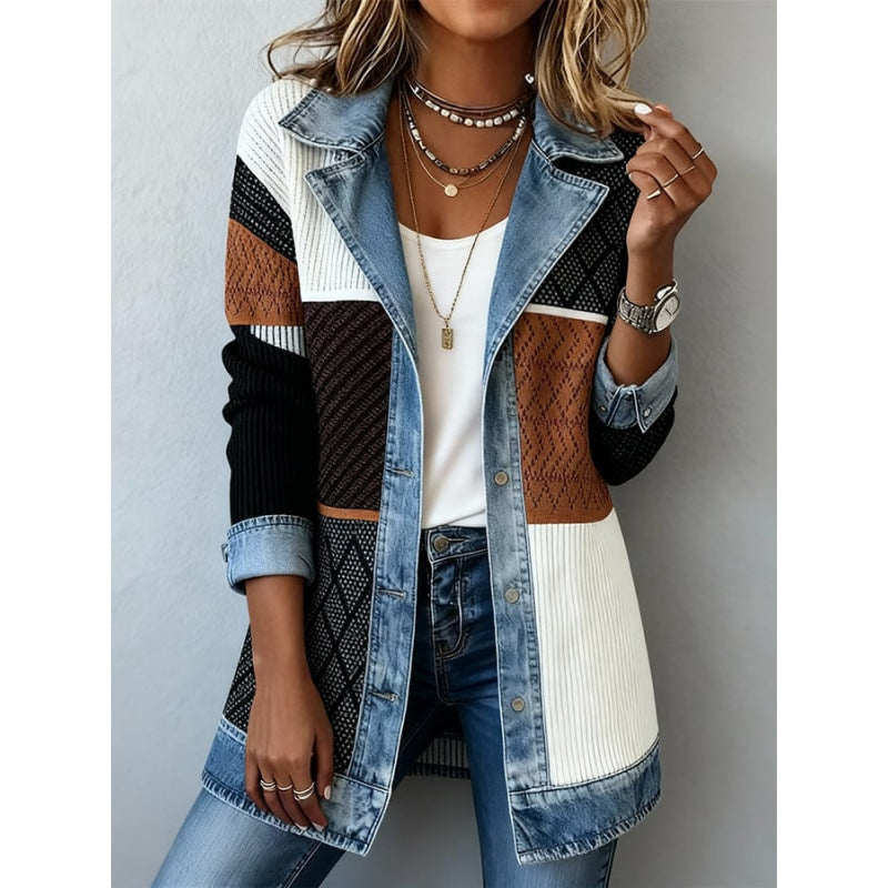 Velmoria | Casual Denim Collar Open Front Cardigan