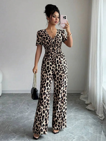 Odelara | Cinched Waist Leopard Jumpsuit