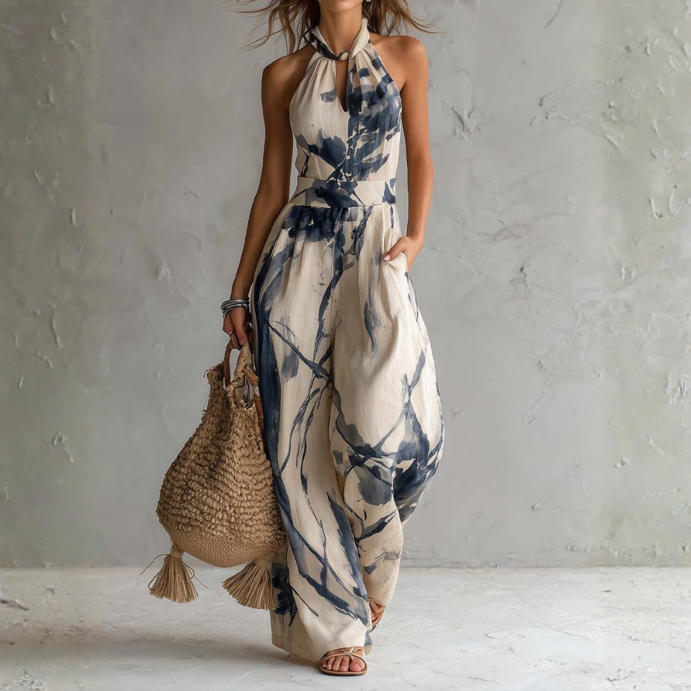 Arabella | Floral Print Halter Wide Leg Jumpsuit