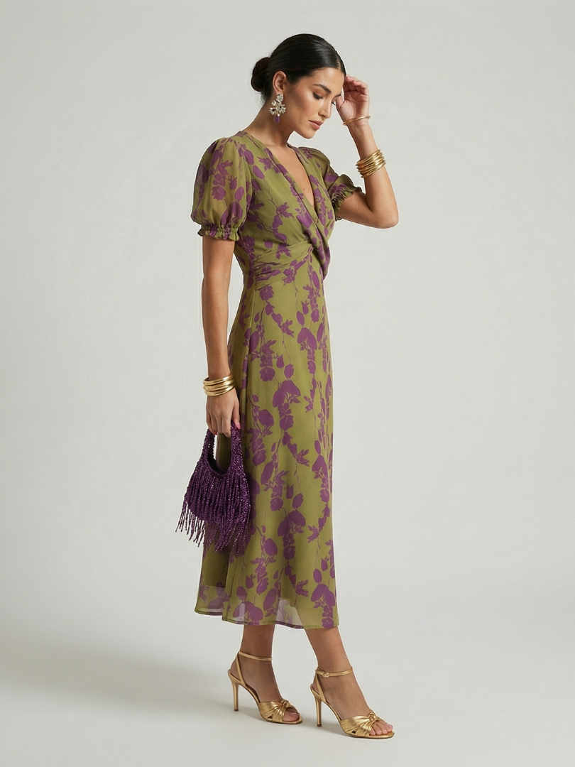 Ysabelle | Printed V Neck Midi Dress
