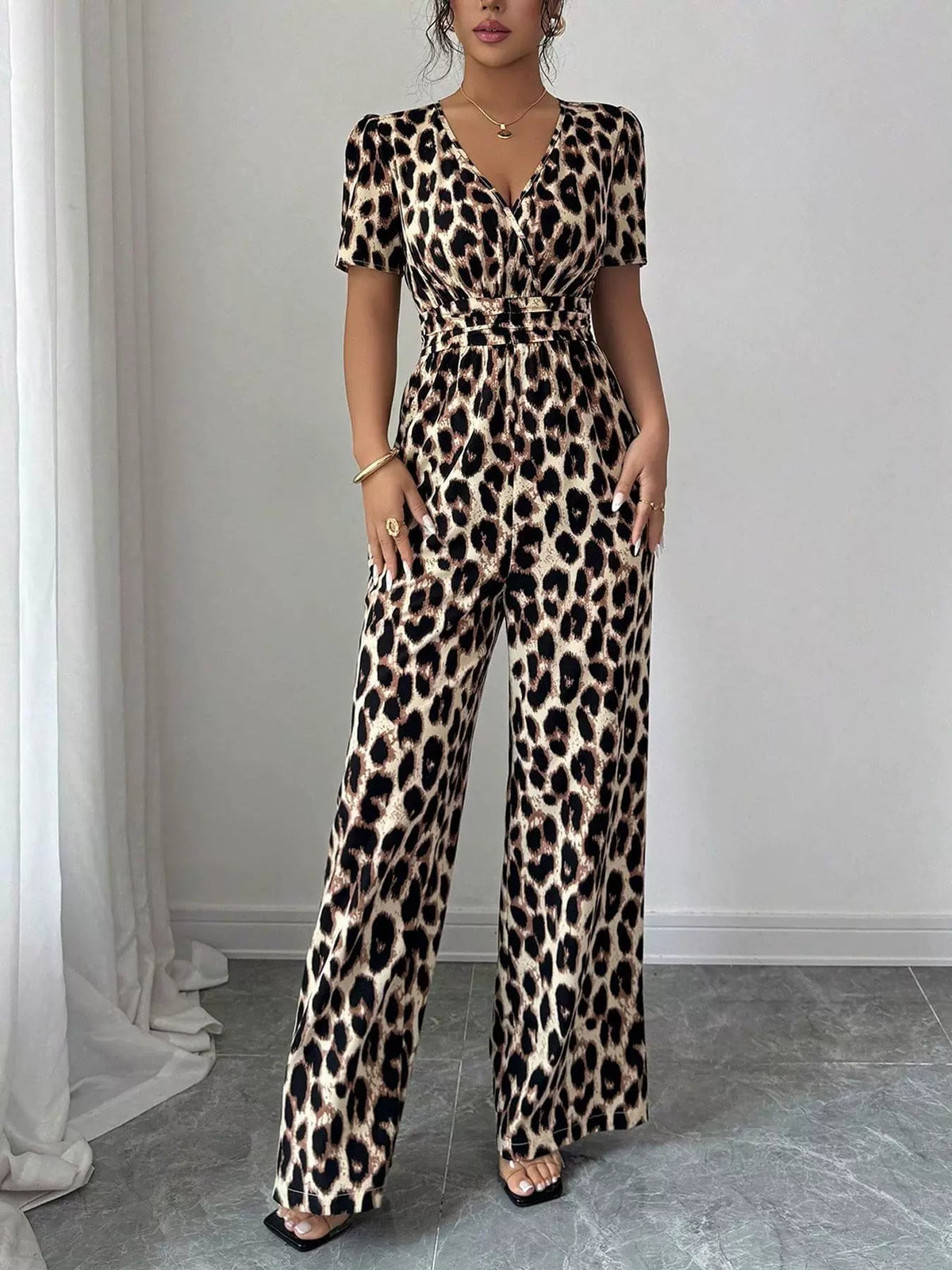 Odelara | Cinched Waist Leopard Jumpsuit