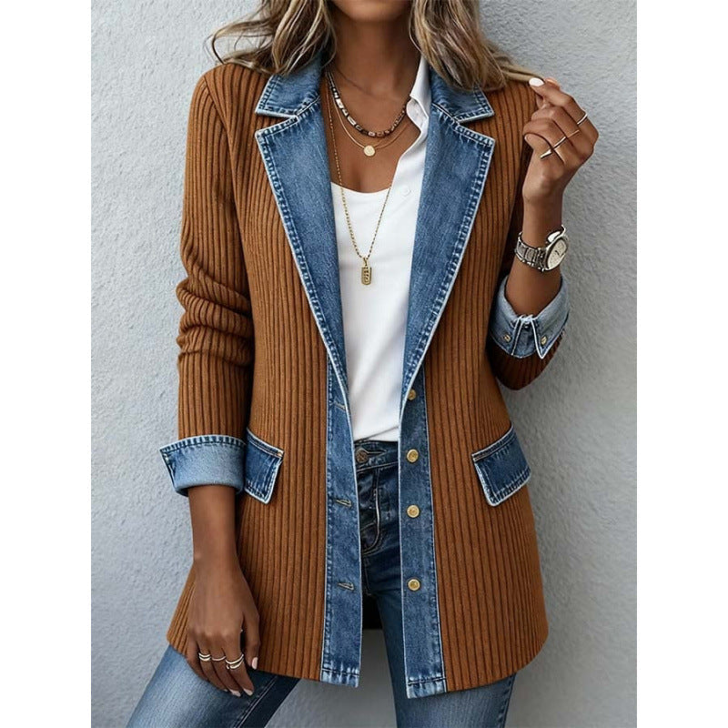 Velmoria | Casual Denim Collar Open Front Cardigan