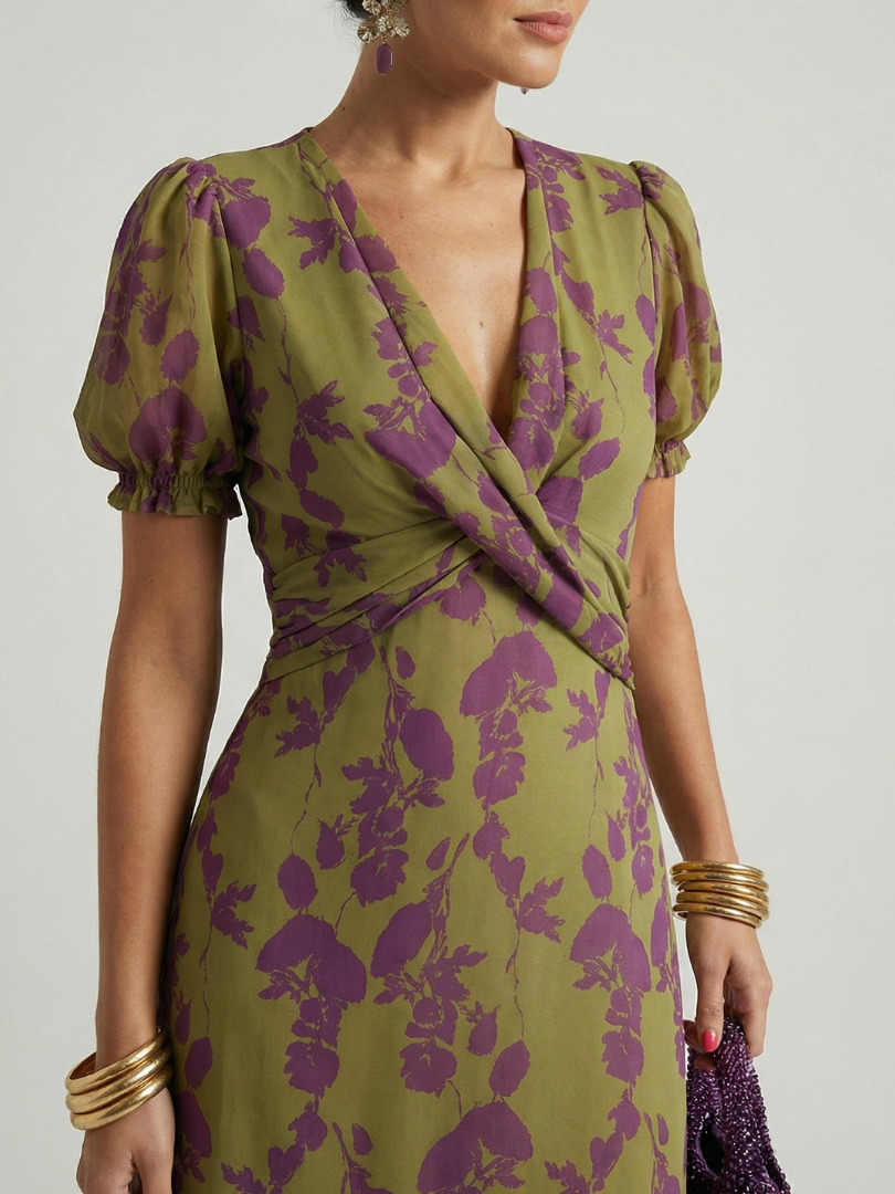 Ysabelle | Printed V Neck Midi Dress