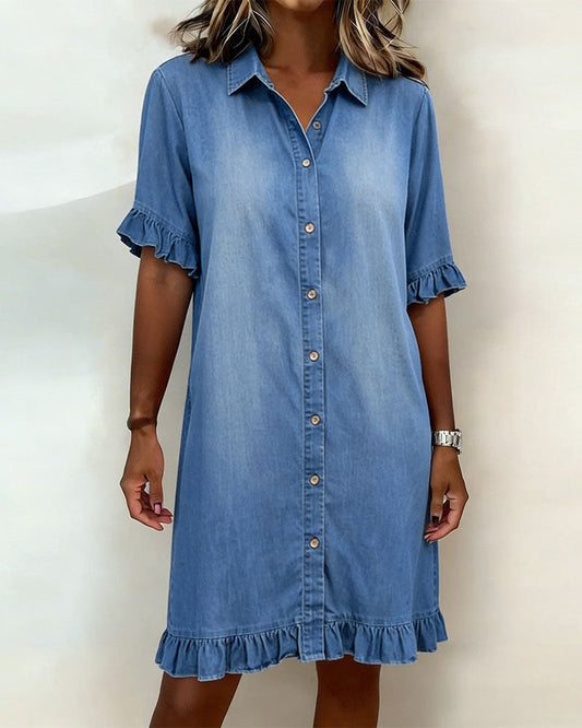 Solvienne | Ruffle Sleeve Button Denim Dress