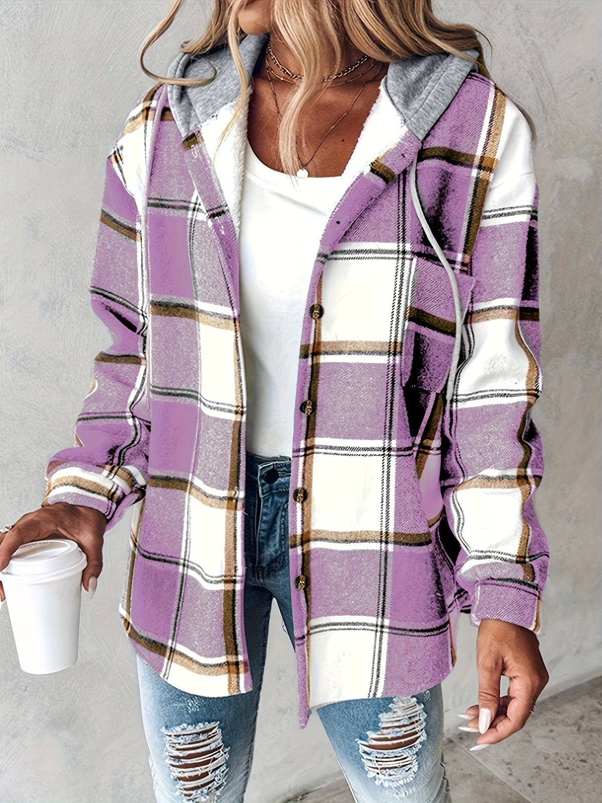 Ruelle | Cozy Plaid Button Hooded Jacket