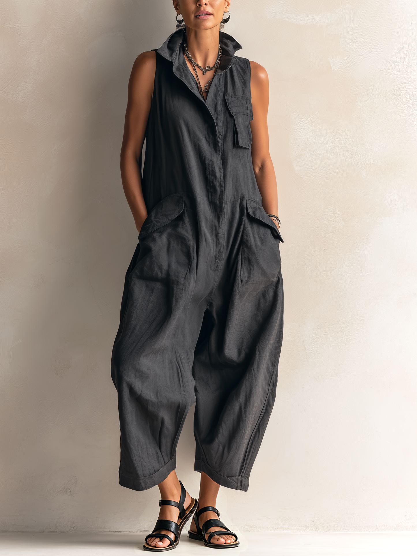 Morvena | Collared Casual Cargo Jumpsuit