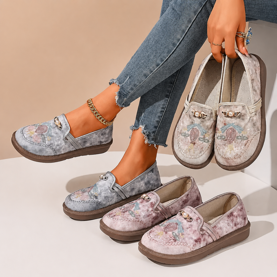 Evadora | Floral Stitch Casual Loafers