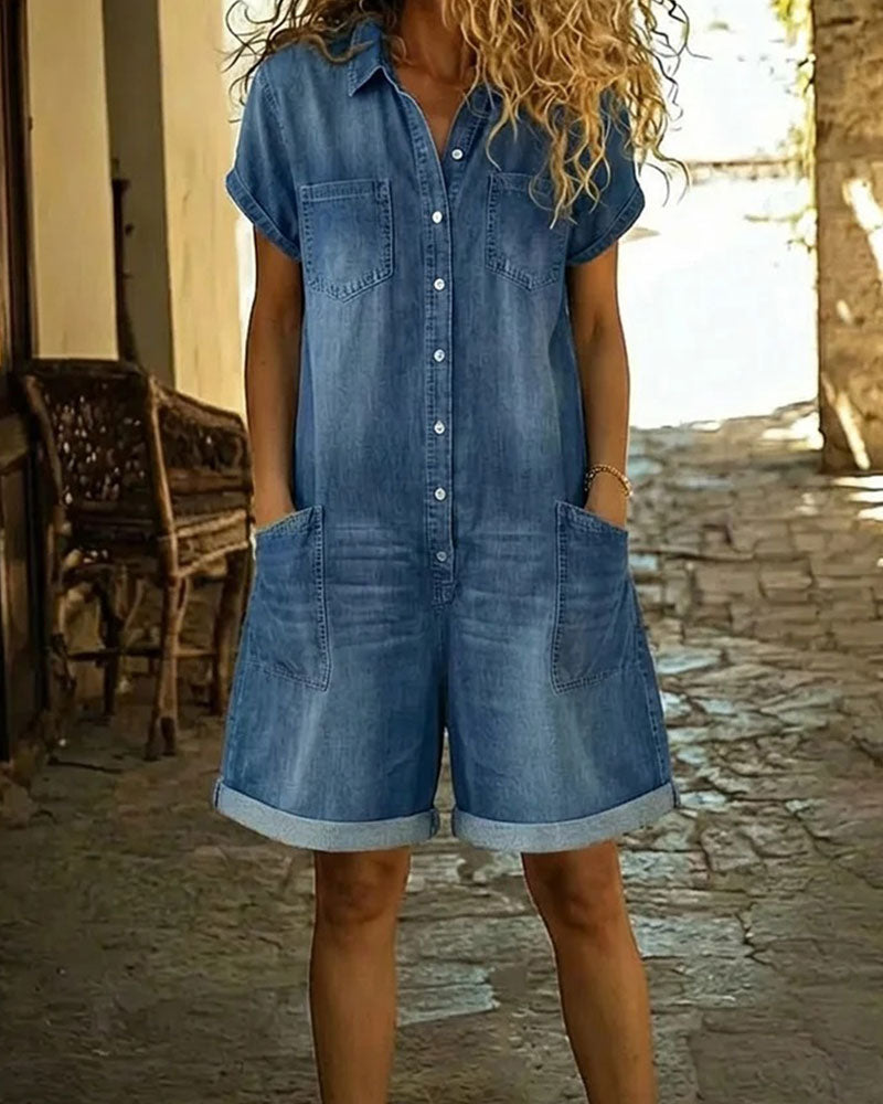 Calvessia | Rolled Sleeve Denim Utility Romper