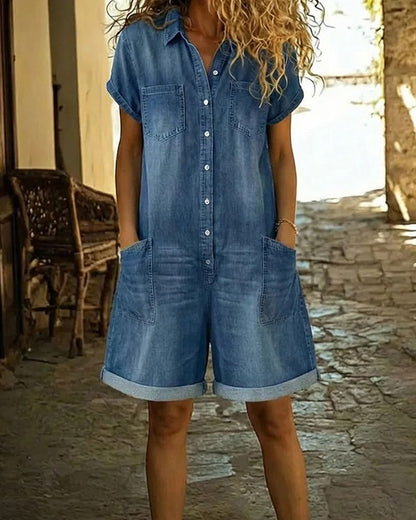 Calvessia | Rolled Sleeve Denim Utility Romper