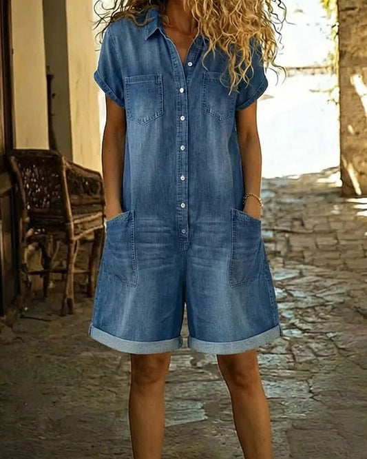 Calvessia | Rolled Sleeve Denim Utility Romper