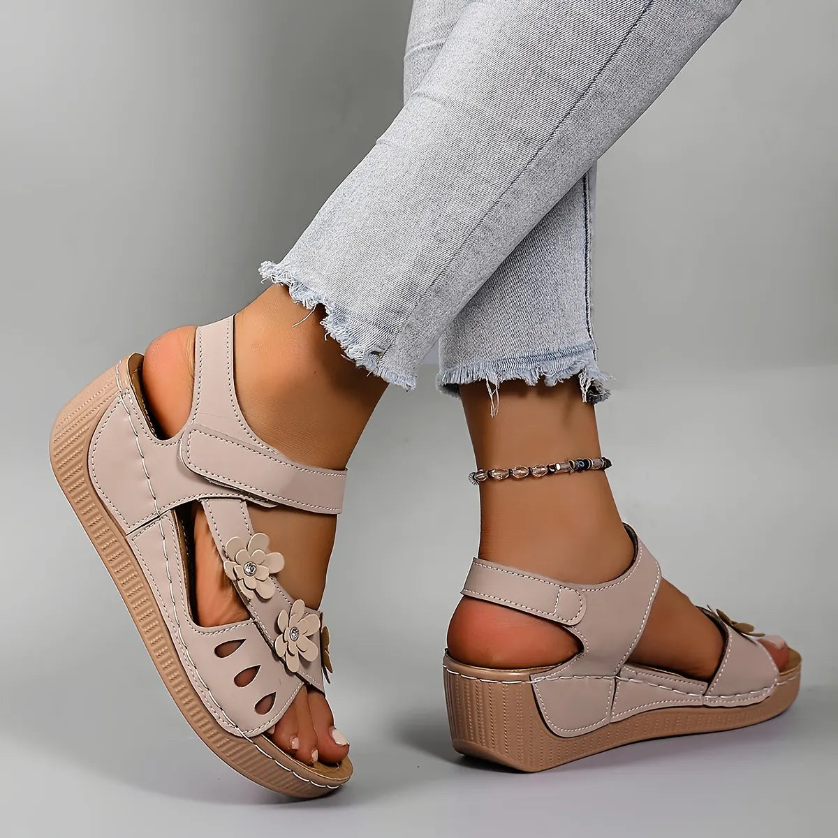 Sorienne | Adjustable Floral Wedge Sandals