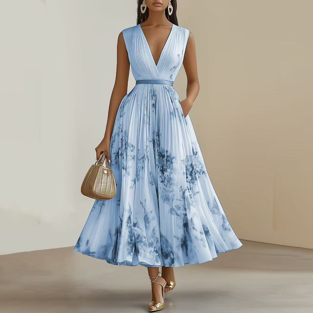 Evelisse | Watercolor Pleated Midi Dress