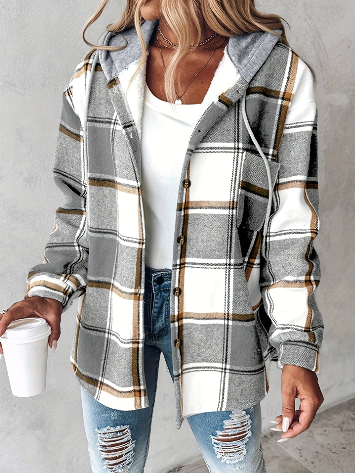 Ruelle | Cozy Plaid Button Hooded Jacket