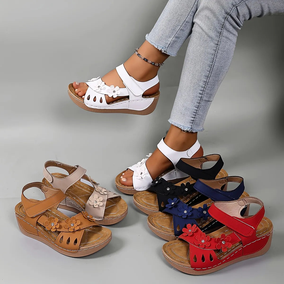 Sorienne | Adjustable Floral Wedge Sandals