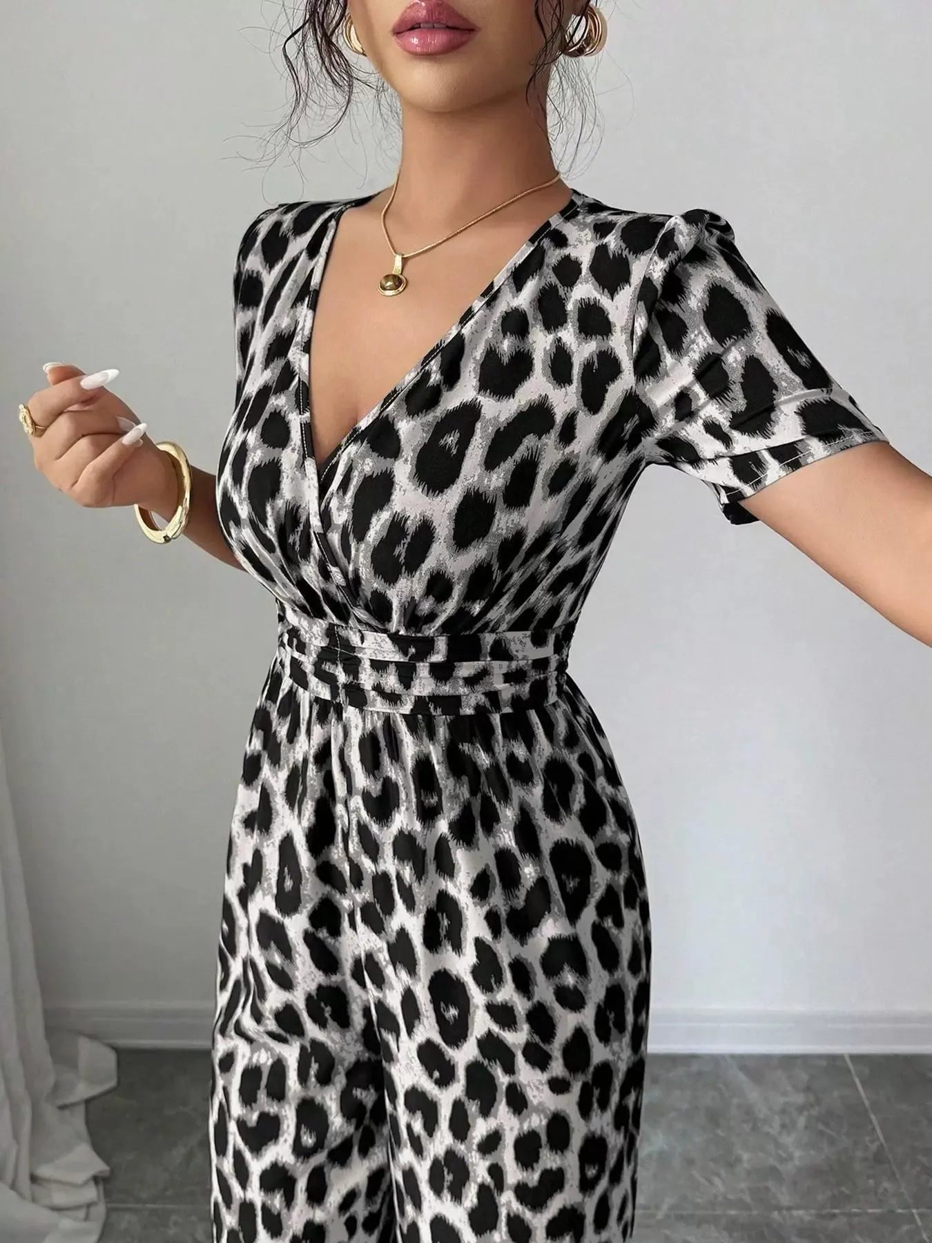 Odelara | Cinched Waist Leopard Jumpsuit