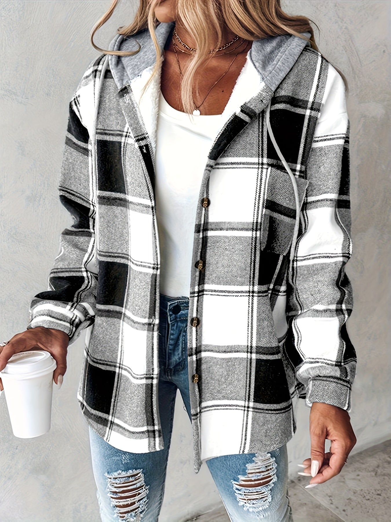 Ruelle | Cozy Plaid Button Hooded Jacket