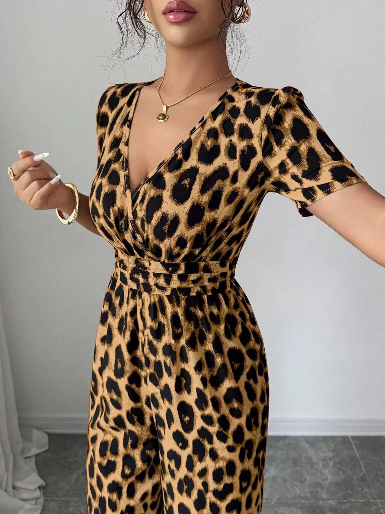 Odelara | Cinched Waist Leopard Jumpsuit