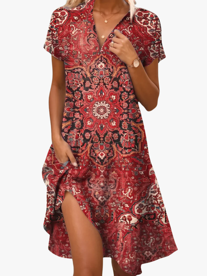 Delaine | Bohemian Print Pocket Midi Dress