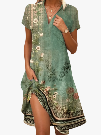 Delaine | Bohemian Print Pocket Midi Dress