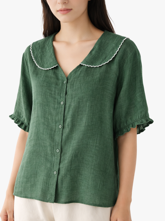 Elarisse | Scalloped Collar Linen Blouse