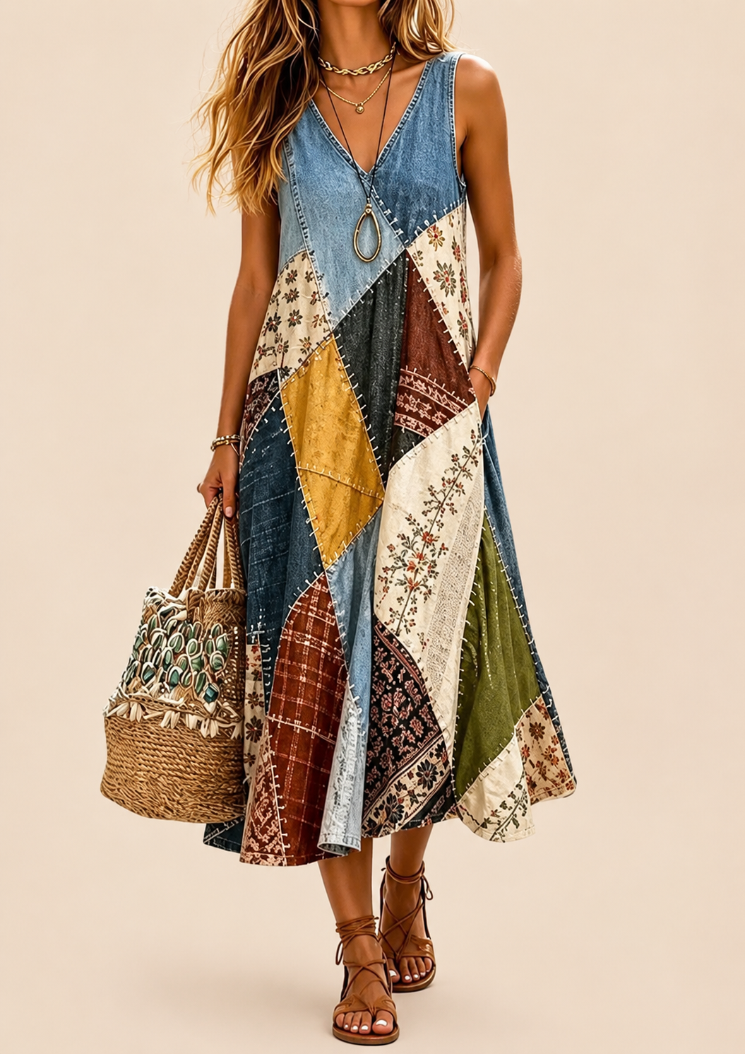 Everlynn | Boho Patchwork V Neck Dress