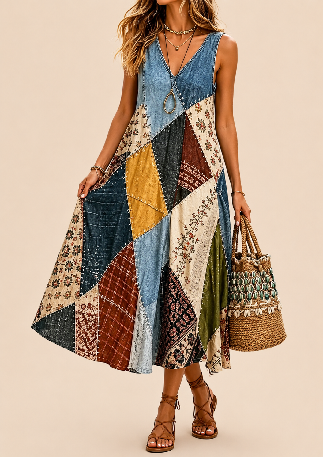 Everlynn | Boho Patchwork V Neck Dress