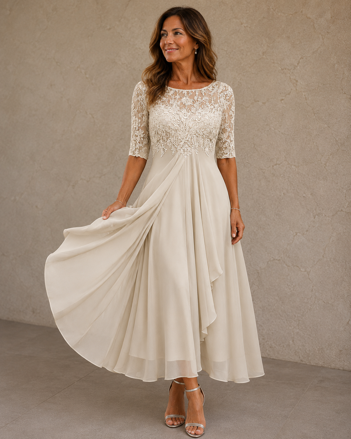 Isavelle | Graceful Lace Sleeve Midi Dress