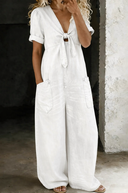 Faelisse | Tie Front Denim Wide Leg Jumpsuit