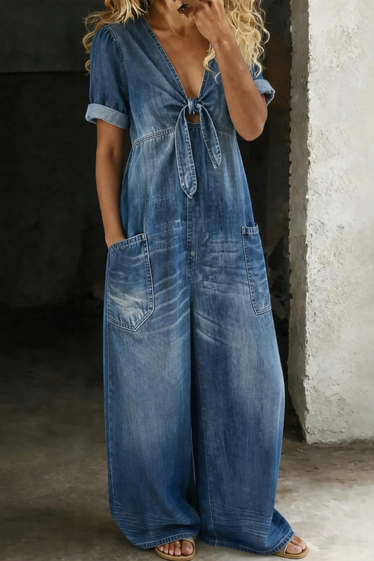 Faelisse | Tie Front Denim Wide Leg Jumpsuit