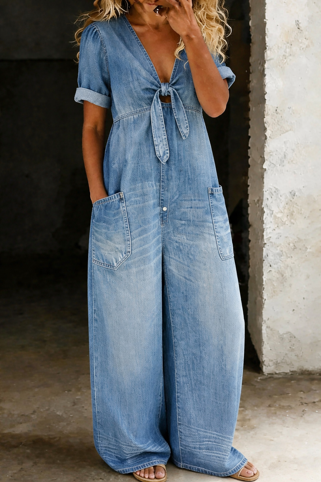 Faelisse | Tie Front Denim Wide Leg Jumpsuit