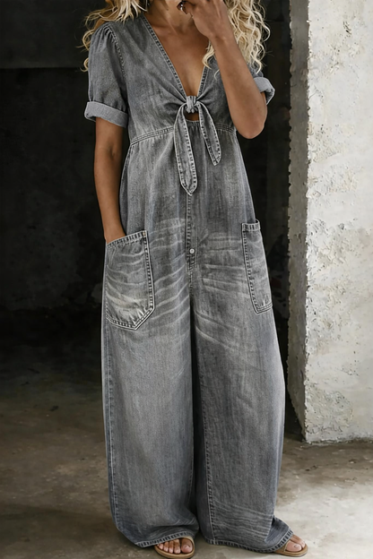 Faelisse | Tie Front Denim Wide Leg Jumpsuit