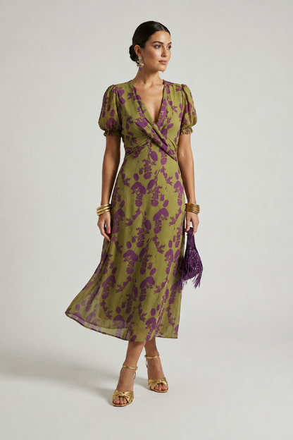 Ysabelle | Printed V Neck Midi Dress