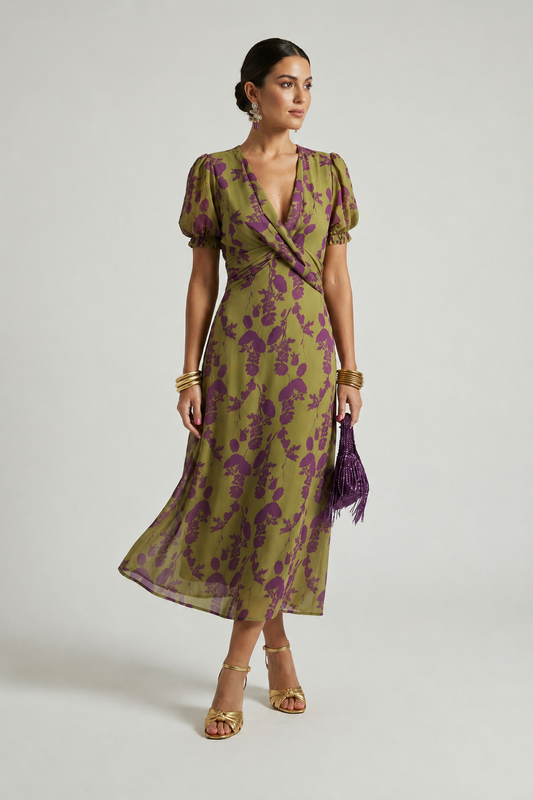 Ysabelle | Printed V Neck Midi Dress