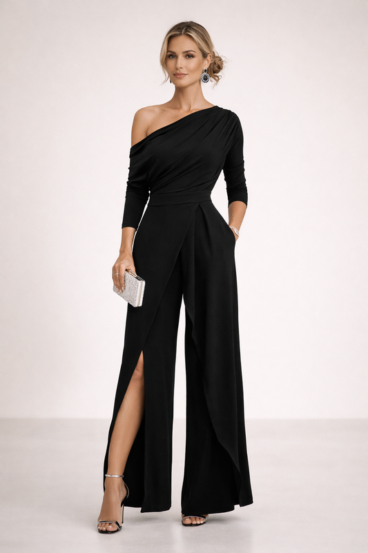 Elena | One Shoulder Black Wide Leg Jumpsuit