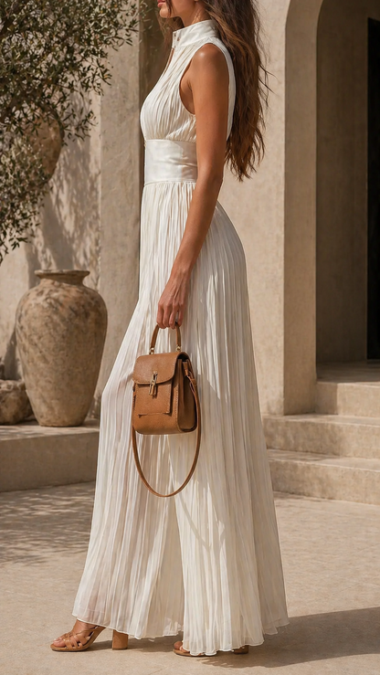 Evelina | Pleated Halter Neck Wide Leg Jumpsuit