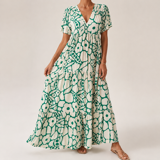Calista | Elegant Leaf Print Summer Dress