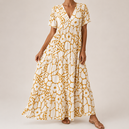 Calista | Elegant Leaf Print Summer Dress