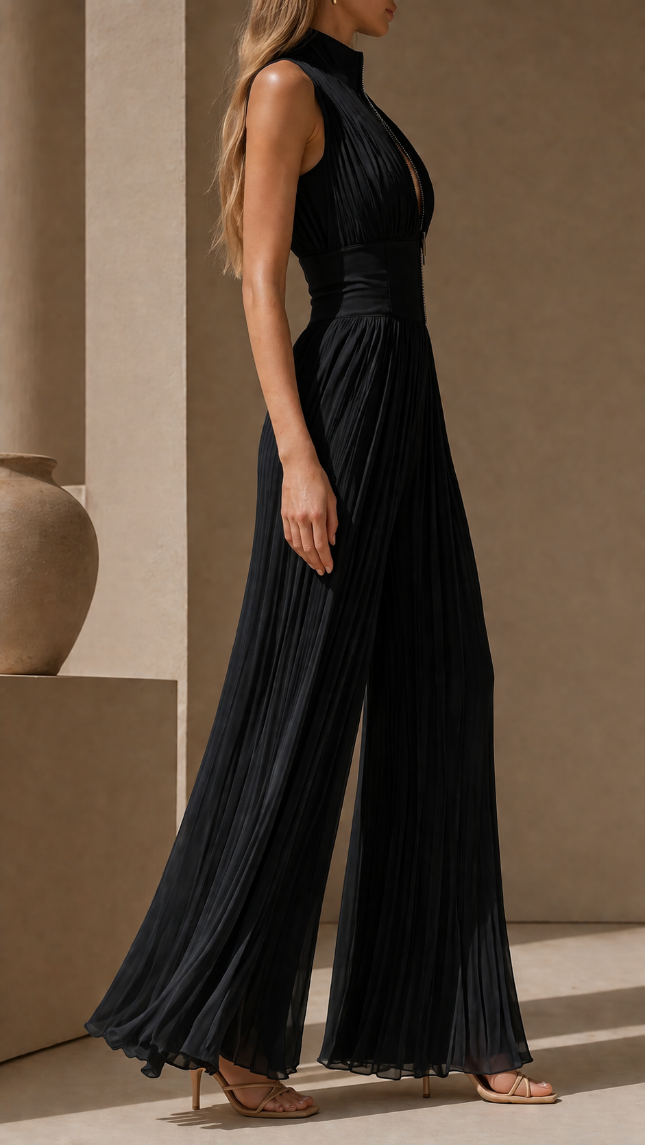Evelina | Pleated Halter Neck Wide Leg Jumpsuit