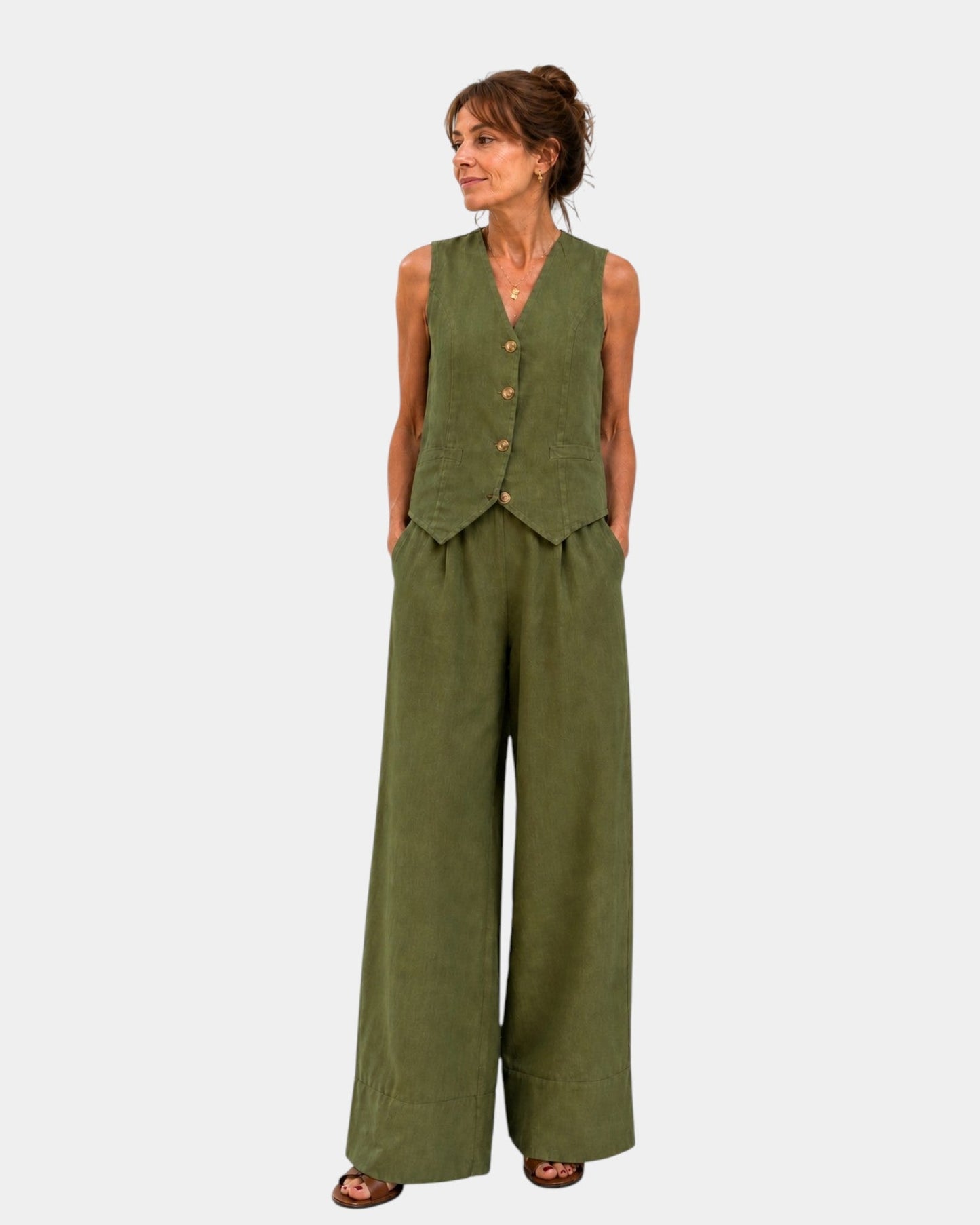 Solenna | Sleeveless Vest and Wide Leg Trouser Set