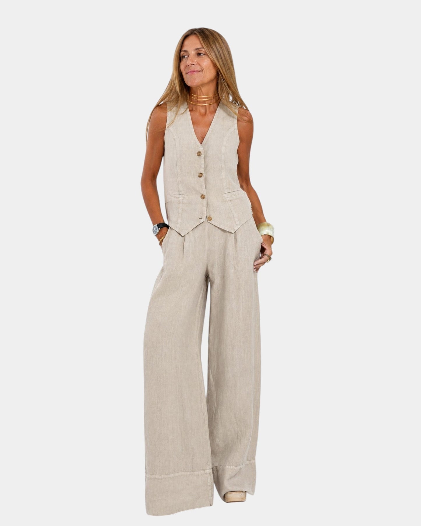 Solenna | Sleeveless Vest and Wide Leg Trouser Set